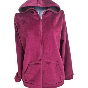 Burgundy Velour Zip-Up Hoodie Jacket – Size XL – Soft Plush – Kangaroo Pockets
